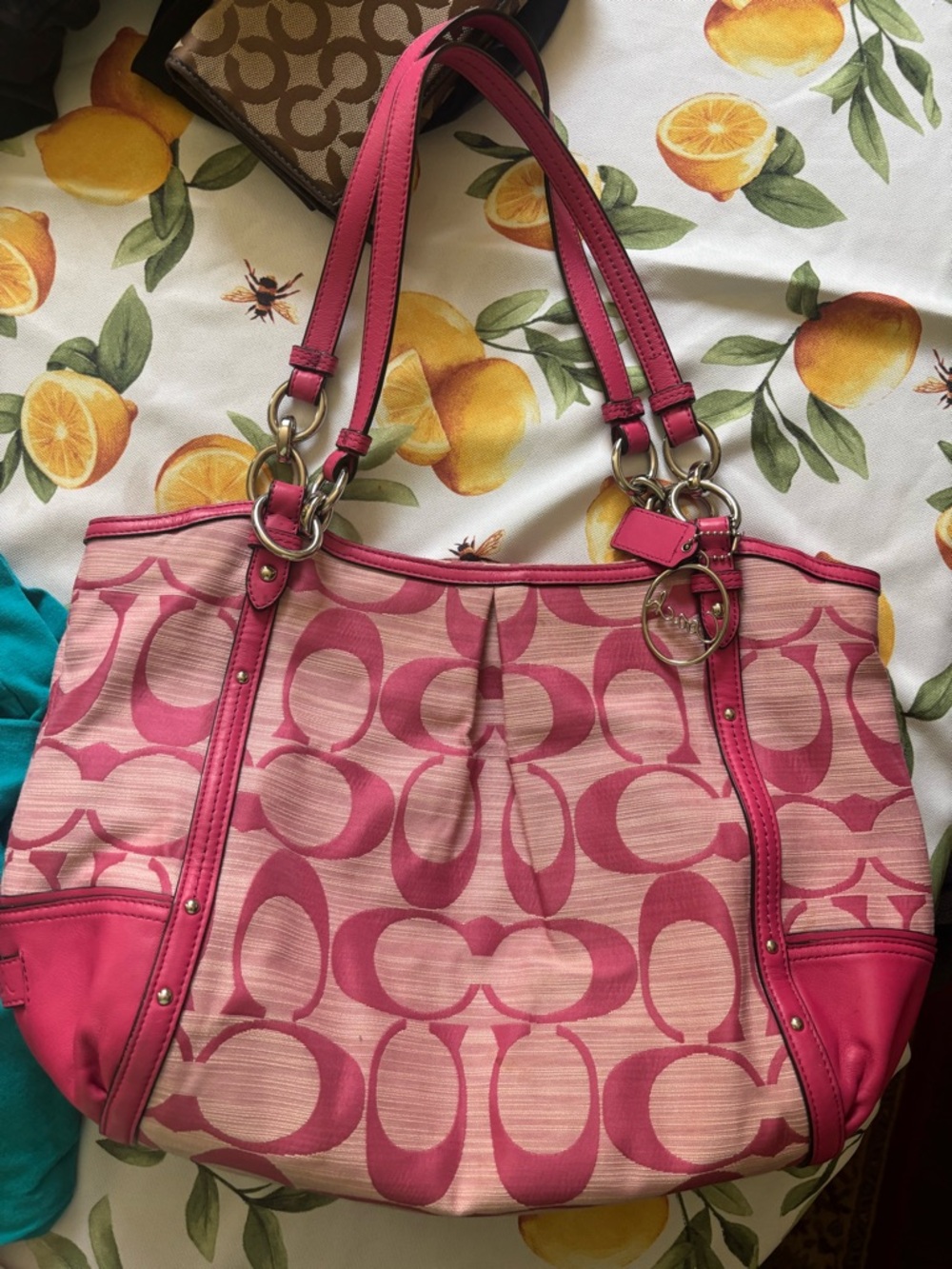 Coach Pink Signature Jacquard Shoulder Tote with Leather Trim